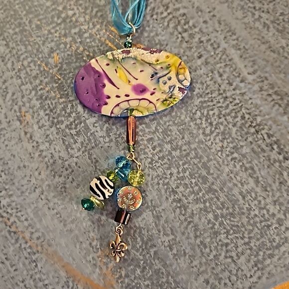 Purple & Silver Handcrafted polymer clay necklace - Picture 3 of 6